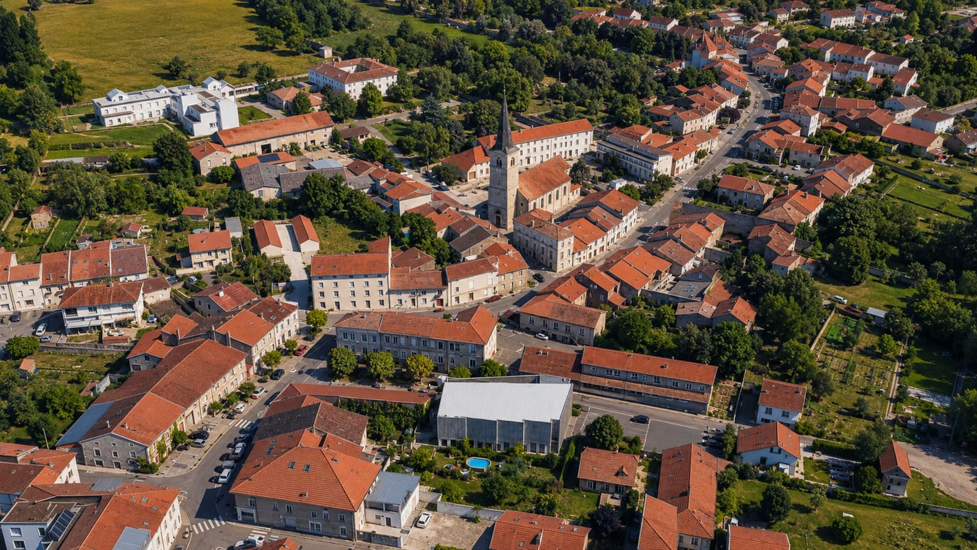 Vue aérienne d'un village lorrain groupé autour de son église