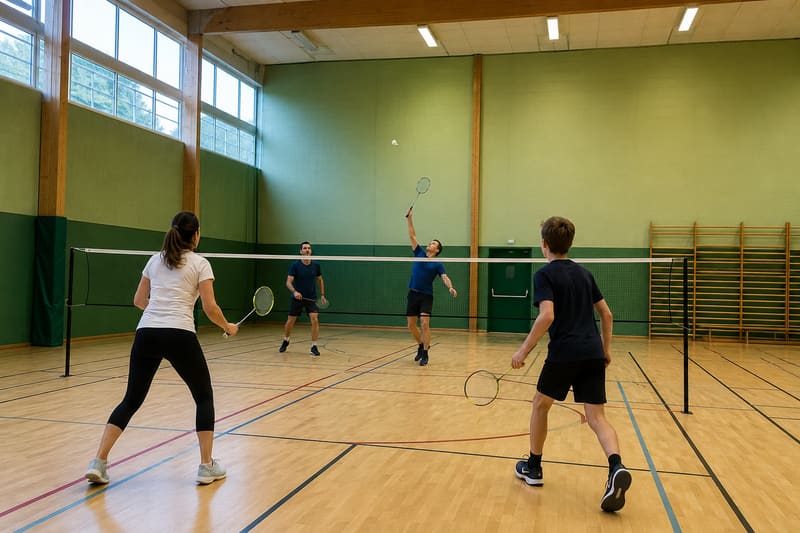 Quatre joueuses et joueurs de badminton de part et d'autre du filet, dans un gymnase