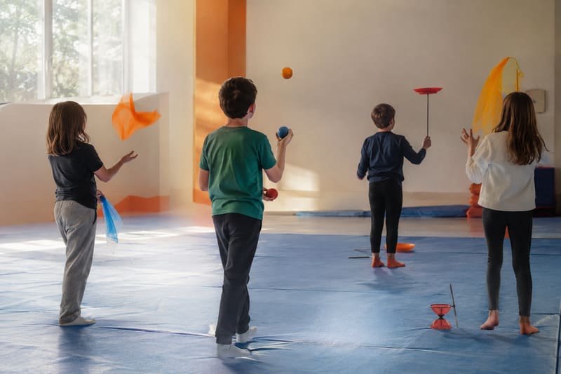 Enfants qui s'exercent au jonglage avec des foulards, des balles et une assiette chinoise